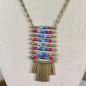 Boho-luxe Boutique Blue Lapis Ladder Bar Necklace Gold Fringe Pink Bead Jewelry